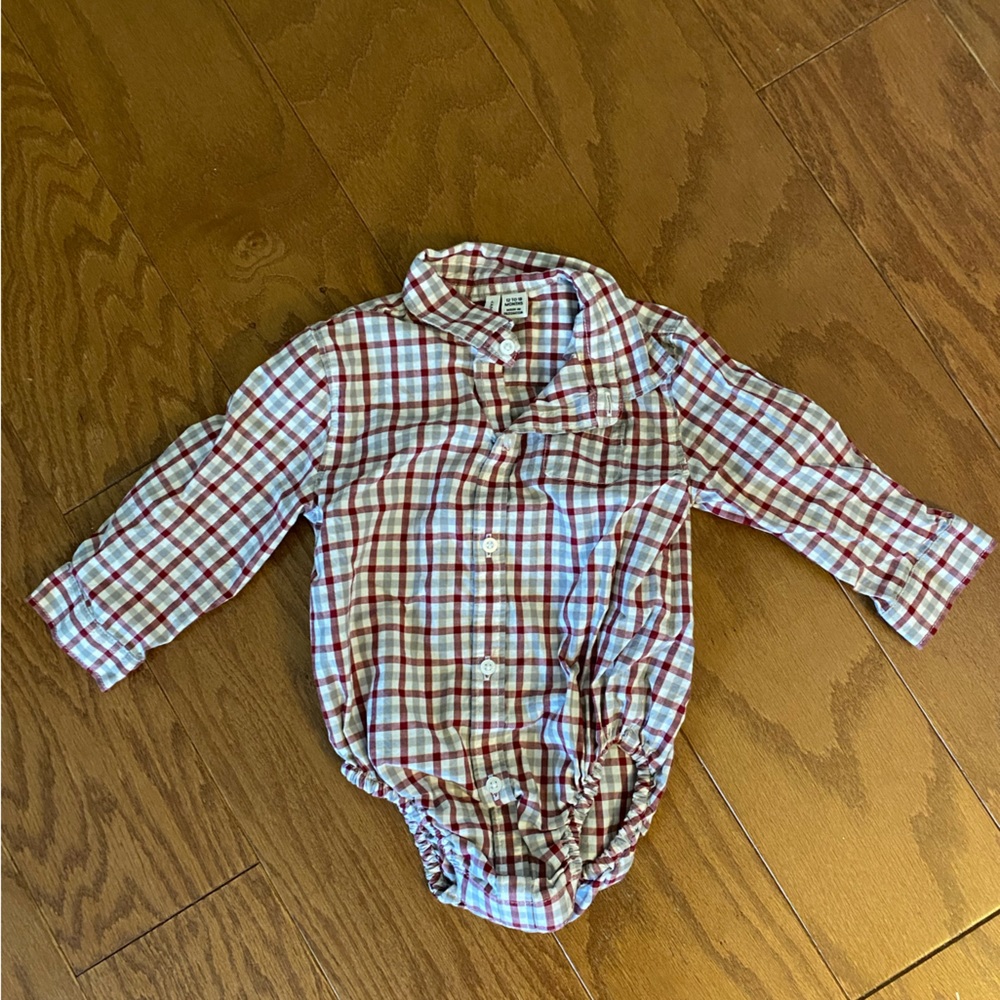 Janie and Jack button down onesie, red plaid, size 12-18m